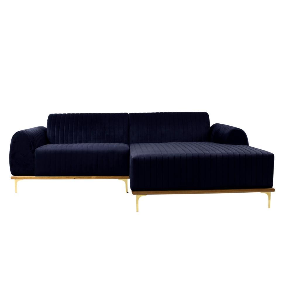 Sofá 3 Lugares Molino com Chaise Direito Veludo Azul Marinho e Dourado - 1
