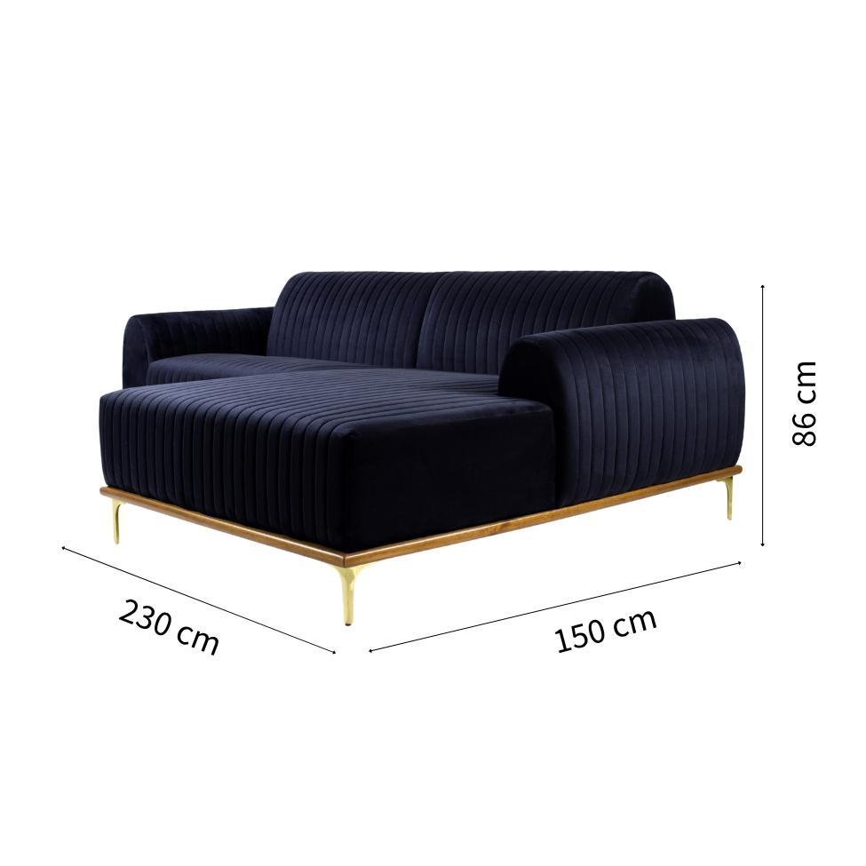 Sofá 3 Lugares Molino com Chaise Direito Veludo Azul Marinho e Dourado - 3