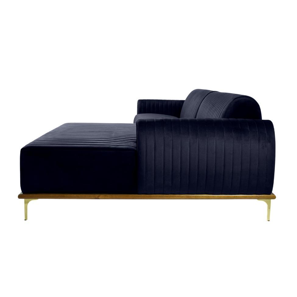 Sofá 3 Lugares Molino com Chaise Direito Veludo Azul Marinho e Dourado - 4