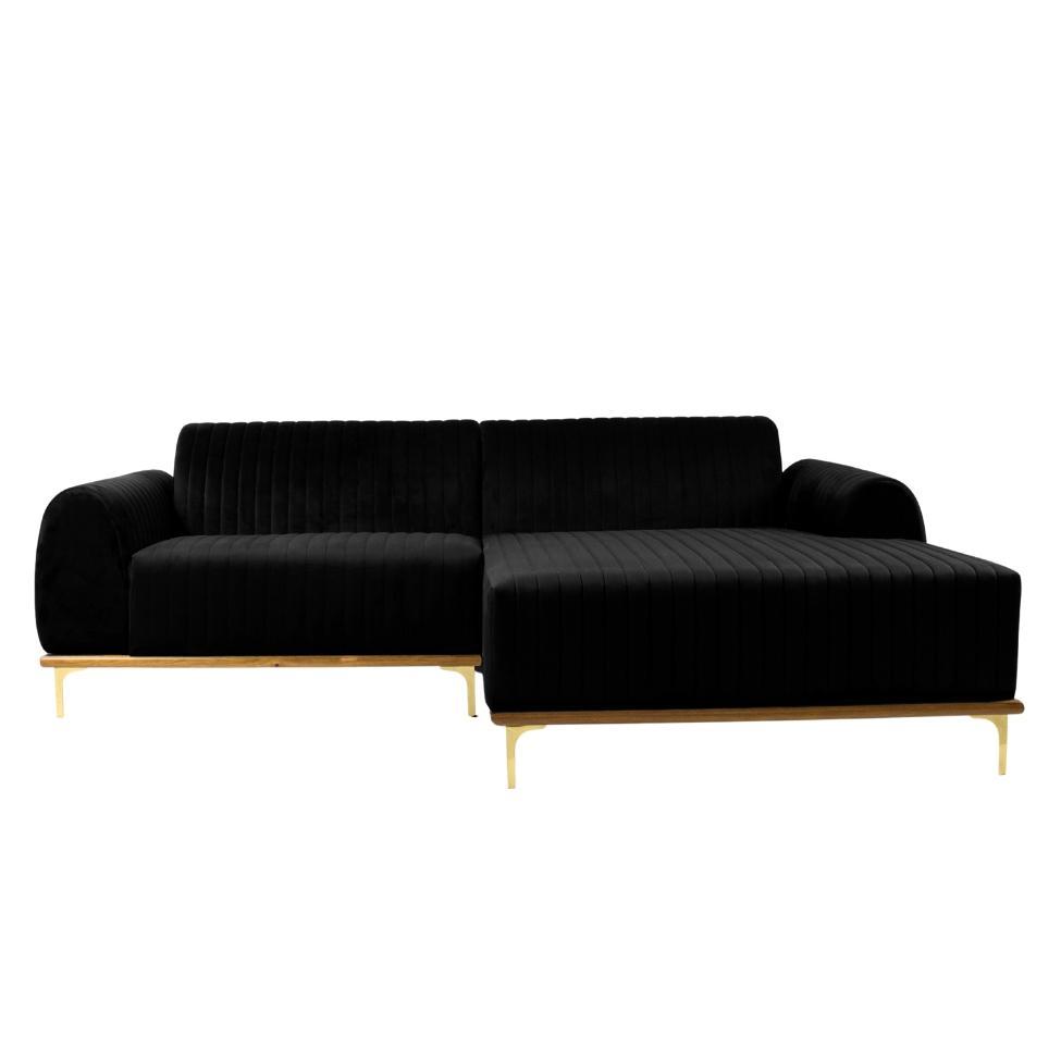 Sofá 3 Lugares Molino com Chaise Direito Veludo Grafite e Dourado - 1