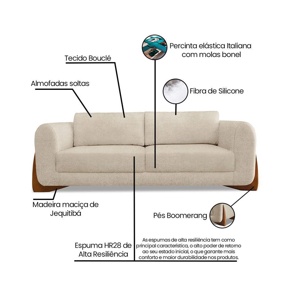 Sofá 3 Lugares Yves Bouclé Bege 220 cm - 9