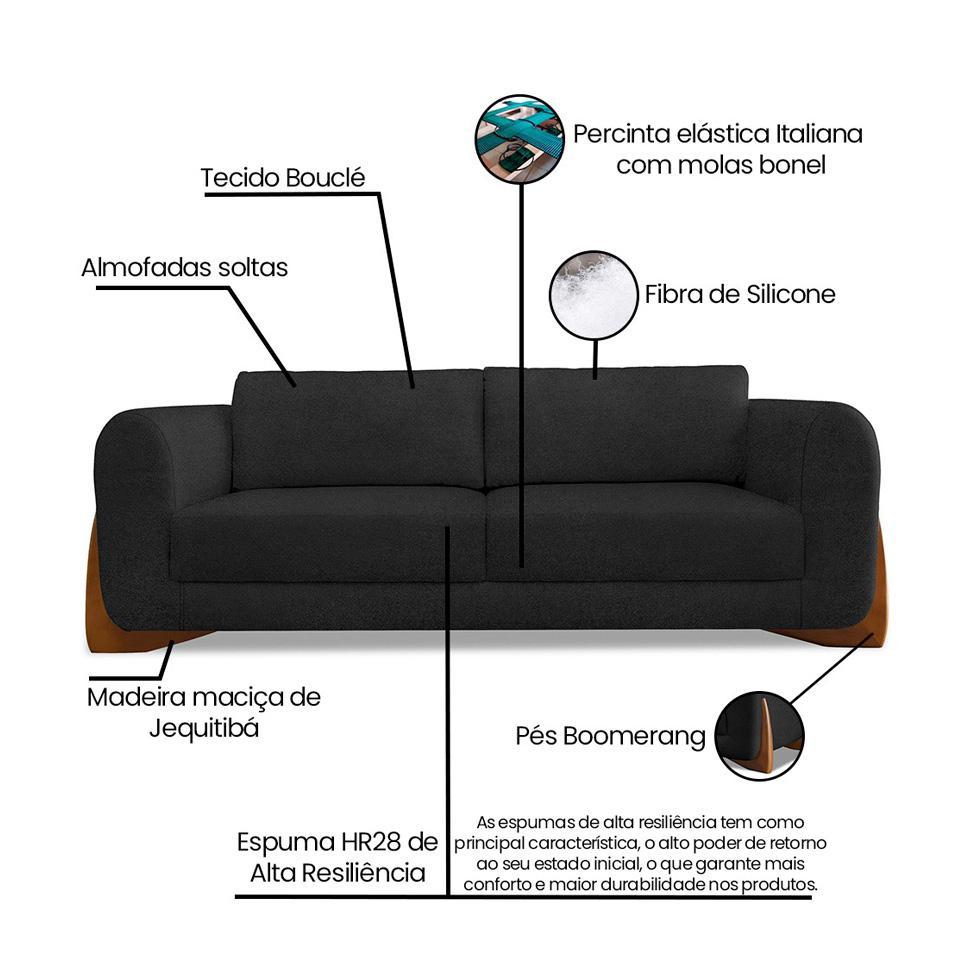 Sofá 3 Lugares Yves Bouclé Preto 230 cm - 9