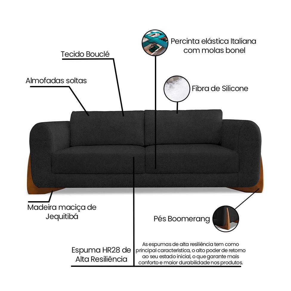 Sofá 3 Lugares Yves Bouclé Preto 220 cm - 9
