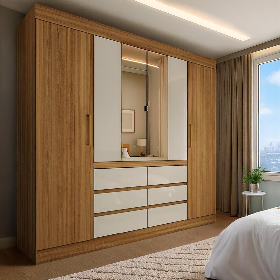 Guarda-Roupa Casal com Espelho Trevi 4 Portas 6 Gavetas Cinamon e Off White - 1