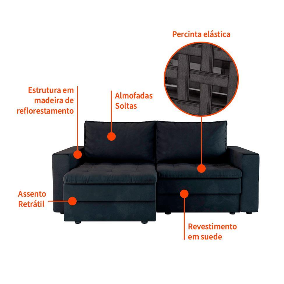 Sofá 3 Lugares Retrátil Berna Suede Preto 210 cm - 4