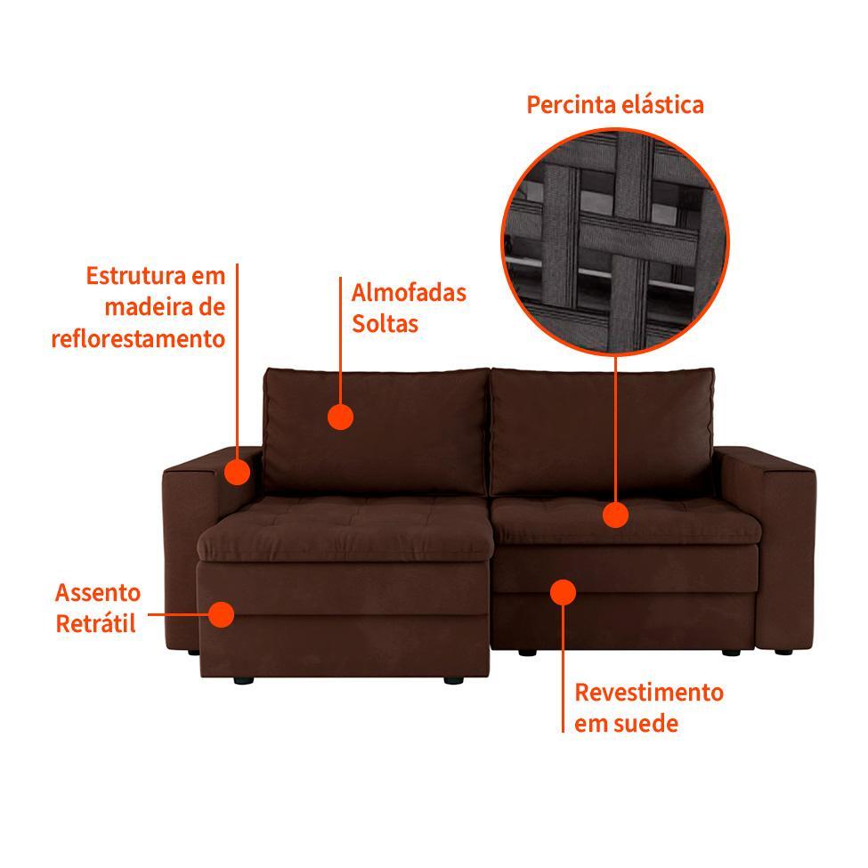 Sofá 3 Lugares Retrátil Berna Suede Marrom 210 cm - 4