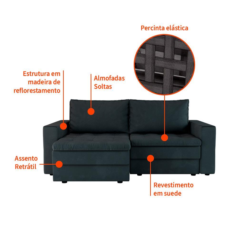 Sofá 3 Lugares Retrátil Berna Suede Grafite 210 cm - 4