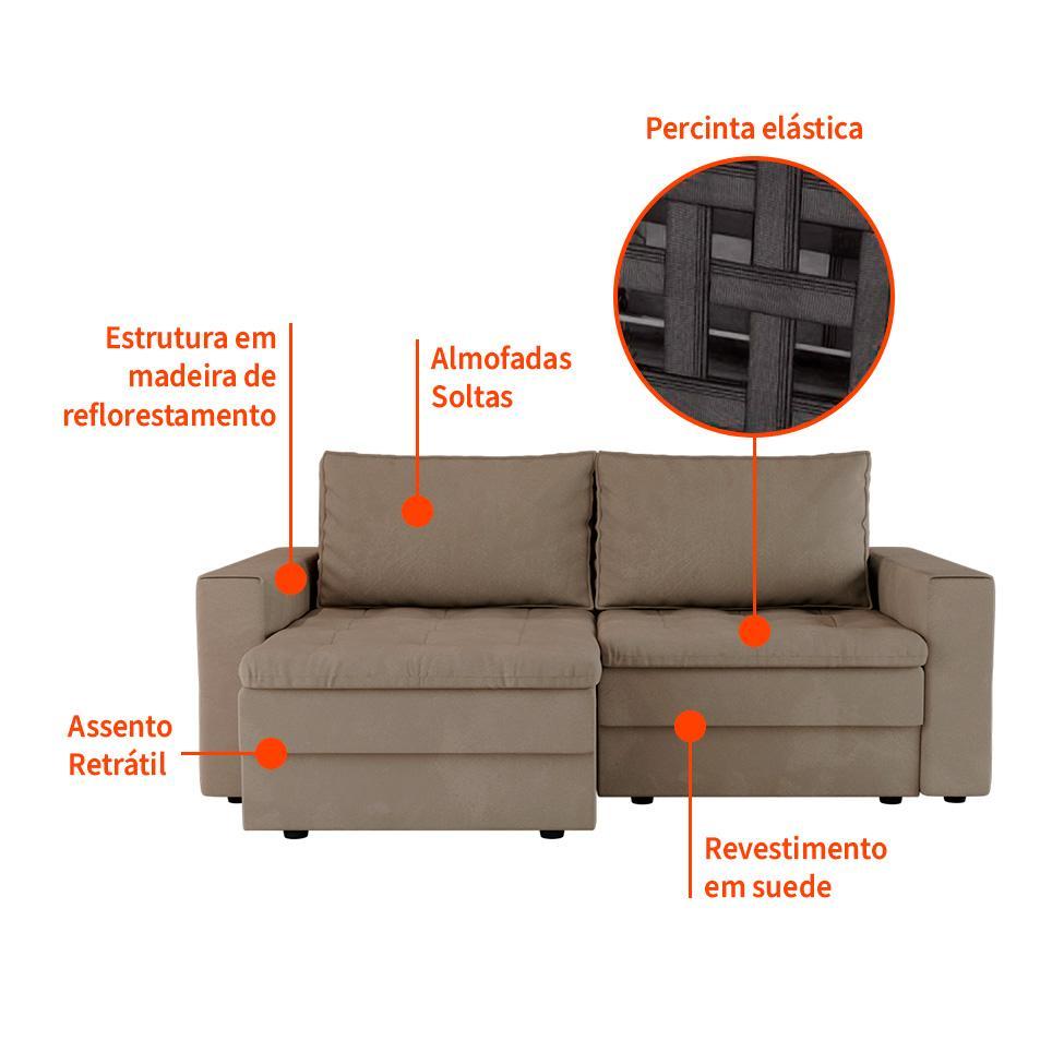 Sofá 3 Lugares Retrátil Berna Suede Bege 210 cm - 4