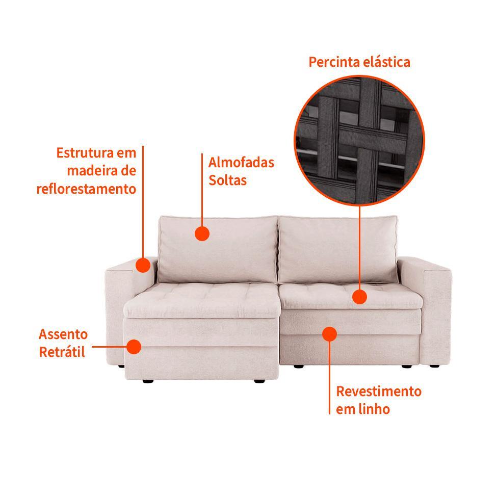 Sofá 3 Lugares Retrátil Berna Linho Cru 210 cm - 4
