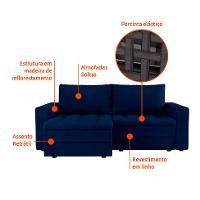 Sofá 3 Lugares Retrátil Berna Linho Azul Marinho 210 cm - 4