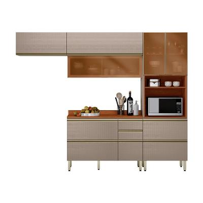 Cozinha Compacta com 3 Vidros Reflecta Proença 6 Portas 6 Gavetas Bege e Nogueira