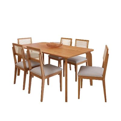 Conjunto de Mesa Retangular com Tampo MDF Papaia e 6 Cadeiras Palmas Linho Bege e Cinamomo