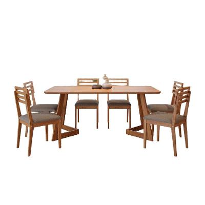 Conjunto de Mesa Retangular com Tampo MDF Caju e 6 Cadeiras Juparanã Linho Bege e Cinamomo