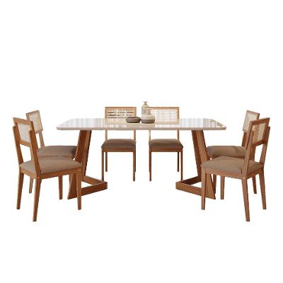 Conjunto de Mesa Retangular com Tampo de Vidro Caju e 6 Cadeiras Palmas Linho Marrom e Cinamomo