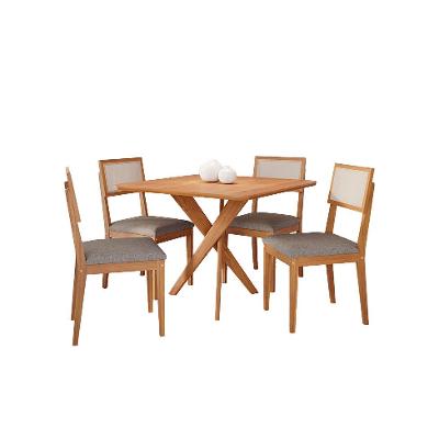 Conjunto de Mesa Quadrada com Tampo MDF Cacau e 4 Cadeiras Encanto Linho Bege e Cinamomo