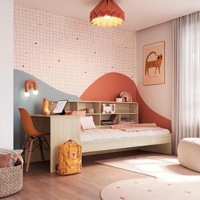 Cama Infantil com Escrivaninha e Nicho Curve Carvalho