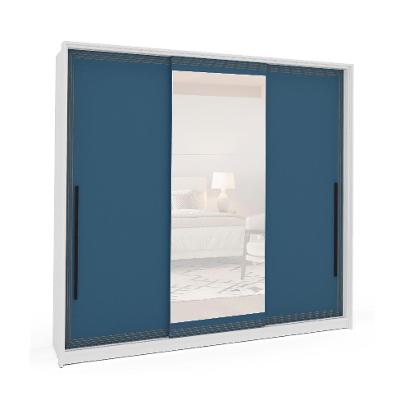 Guarda-Roupa Casal com Espelho Valência 3 Portas 4 Gavetas Branco e Azul
