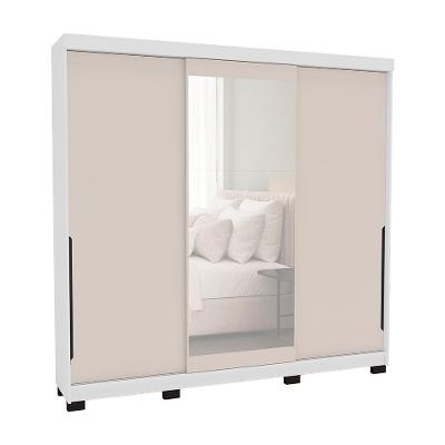 Guarda-Roupa Casal com Espelho Madrid 3 Portas 2 Gavetas Branco e Creme
