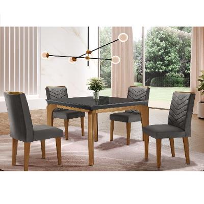 Conjunto de Mesa de Jantar Retangular com Tampo de Vidro e 4 Cadeiras Turquesa Veludo Grafite e Imbuia