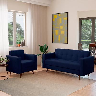 Conjunto de Sofá 3 Lugares com 1 Poltrona Vitrola Suede Azul