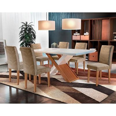 Conjunto de Mesa de Jantar Imperatriz com 6 Cadeiras Estofadas Grécia I Animalle Off White e Chocolate