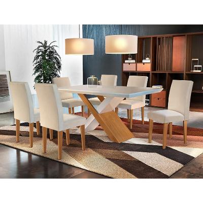 Conjunto de Mesa de Jantar Imperatriz com 6 Cadeiras Estofadas Grécia I Veludo Off White e Creme