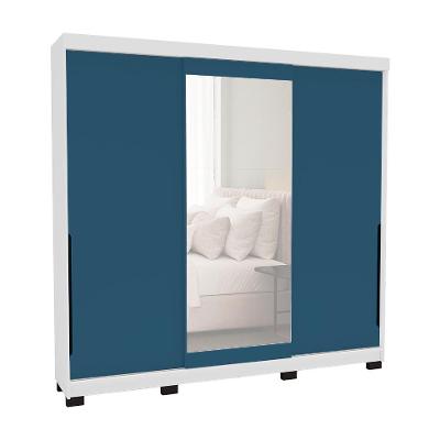 Guarda-Roupa Casal com Espelho Madrid 3 Portas 2 Gavetas Branco e Azul