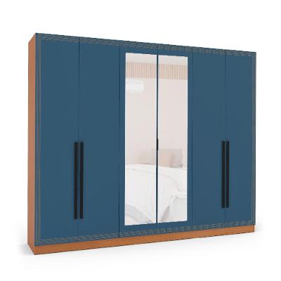 Guarda-Roupa Casal com Espelho Valência 6 Portas 4 Gavetas Freijó e Azul