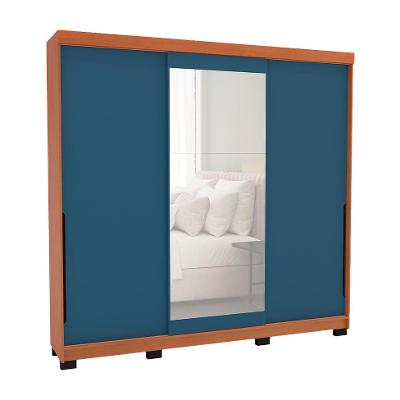 Guarda-Roupa Casal com Espelho Madrid 3 Portas 2 Gavetas Freijó e Azul