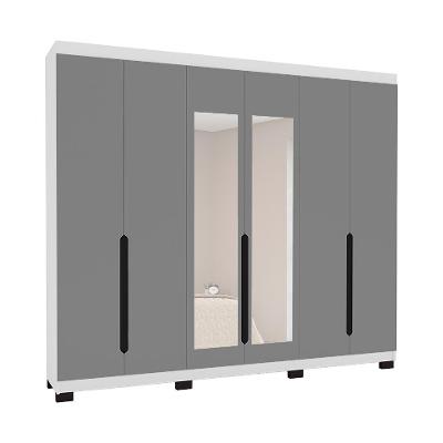 Guarda-Roupa Casal com Espelho Madrid 6 Portas 4 Gavetas Branco e Cinza