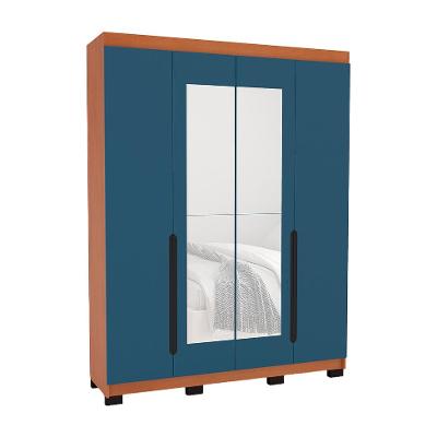 Guarda-Roupa Solteiro com Espelho Madrid 4 Portas 4 Gavetas Freijó e Azul