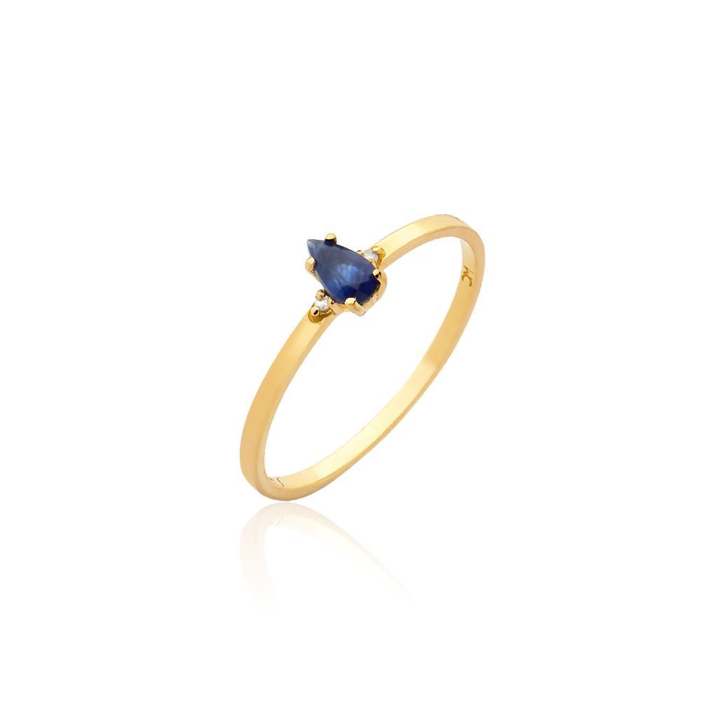 Anel em Gota com Safira e Diamantes em Ouro Amarelo 18k - 9