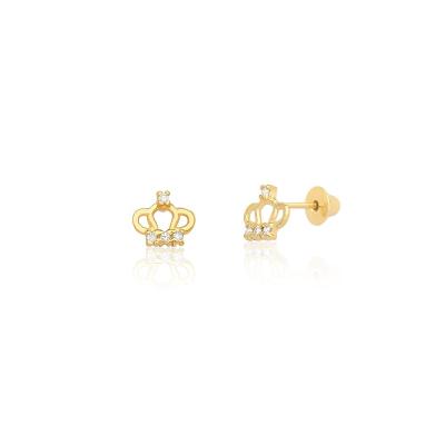 Brinco Infantil Coroa com 4 Pontos de Diamantes em Ouro Amarelo 18k