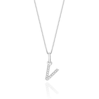 Pingente Letra V com Diamante em Ouro Branco 18k