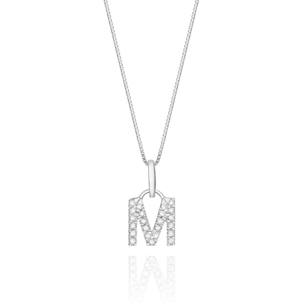 Pingente Letra M com Diamante em Ouro Branco 18k - 1