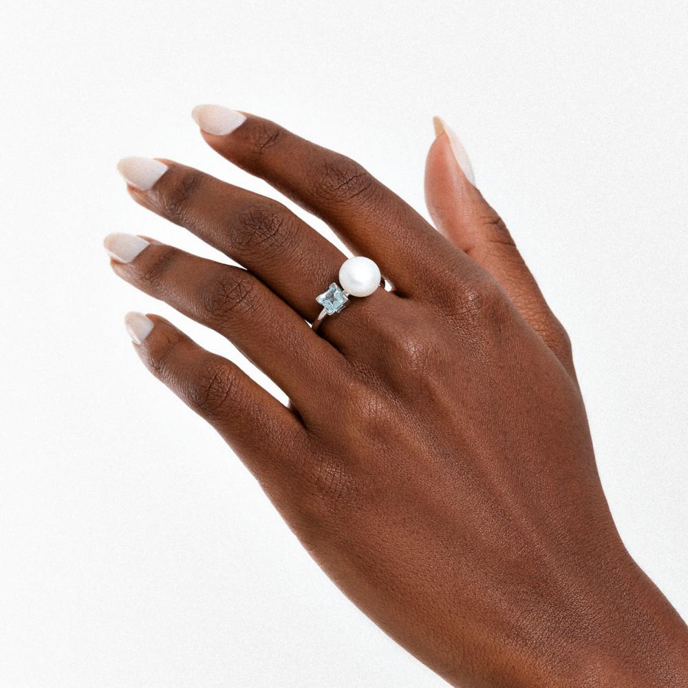 Anel com Pérola e Topázio Azul em Prata 925 - 4