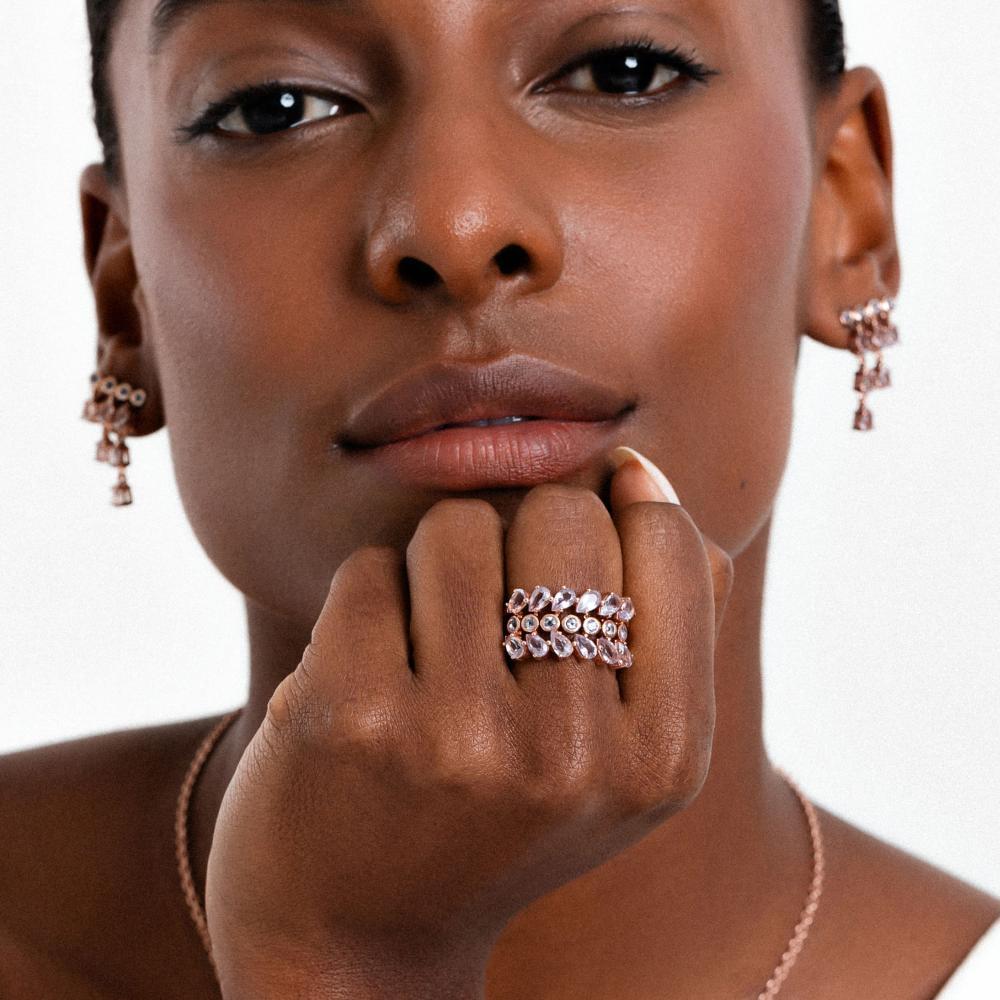 Anel Triplo com Rose de France e Iolita em Prata 925 com Banho de Ouro Rosé 18k - 4