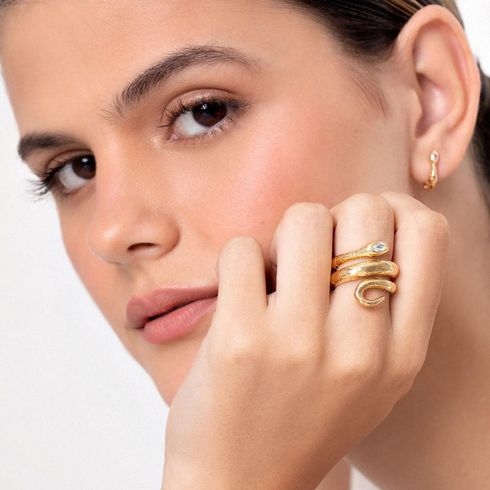 Anel Triplo Serpente com Topázio em Prata 925 com Banho de Ouro Amarelo 18K - 2