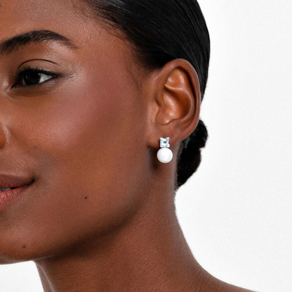 Brinco com Pérola e Topázio Azul em Prata 925 - 2