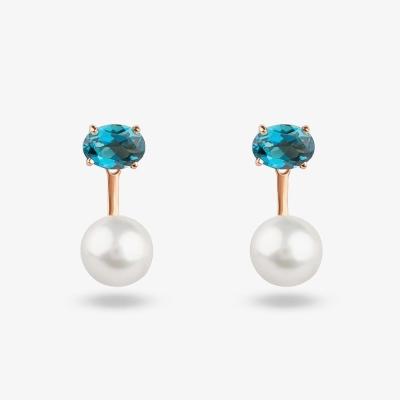 Brinco Ear Jacket com Topázio London e Pérola em Ouro Rosé 18K