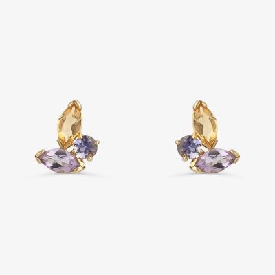 Brinco Stud com Ametista, Citrino e Iolita em Ouro Amarelo 18k