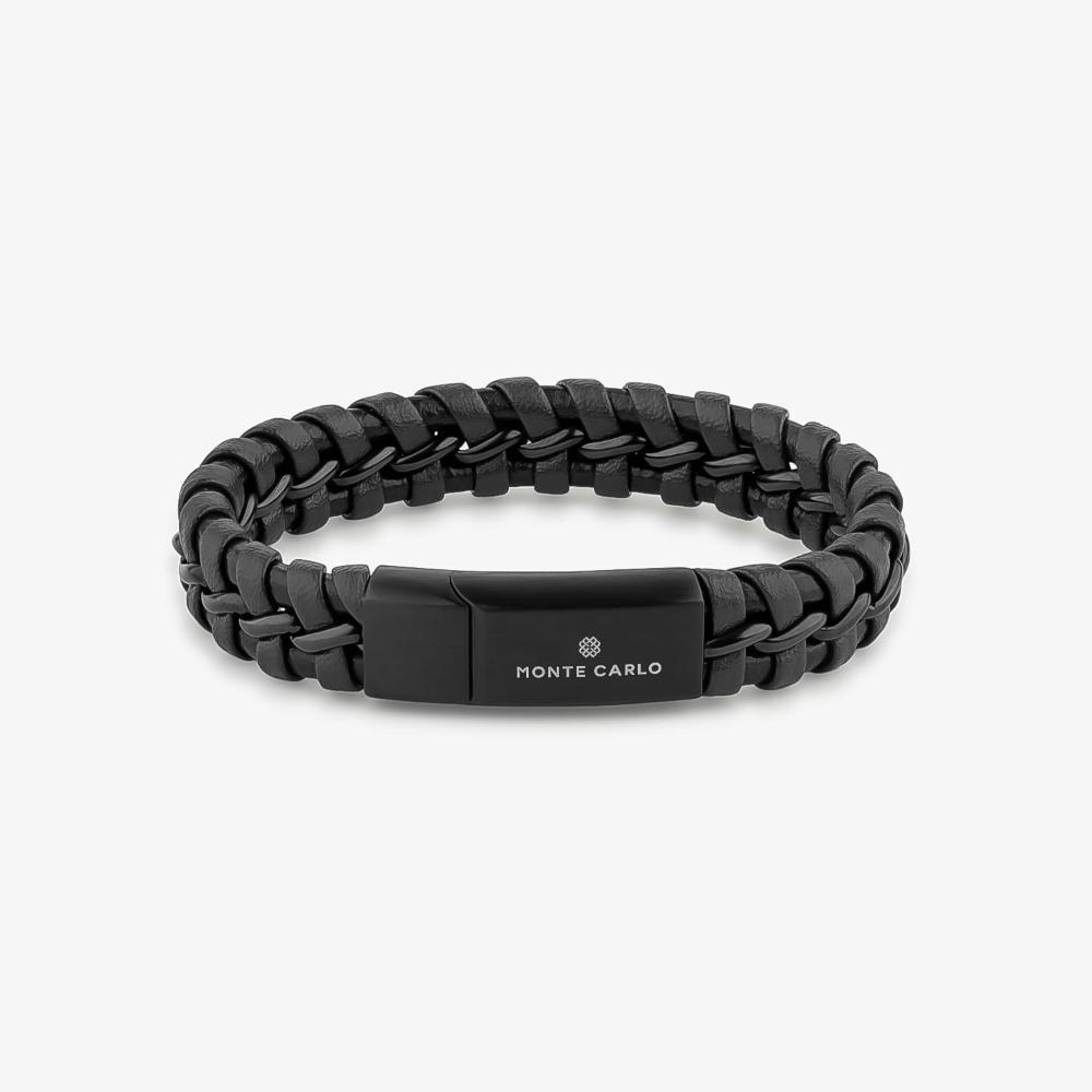 Pulseira Masculina de Couro Preto em Aço Preto - 21 cm - 1