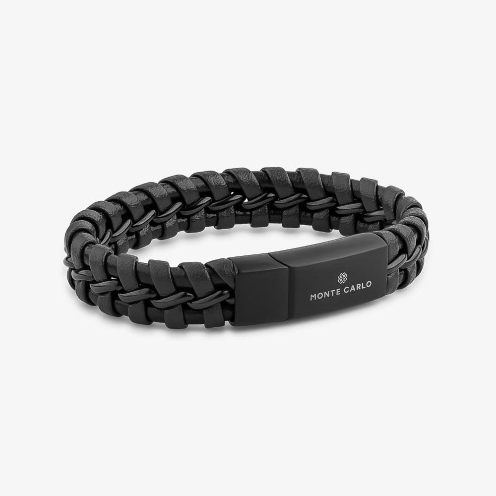 Pulseira Masculina de Couro Preto em Aço Preto - 21 cm - 3