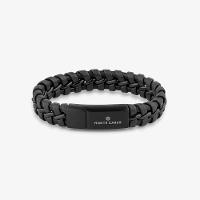 Pulseira Masculina de Couro Preto em Aço Preto - 21 cm - 1