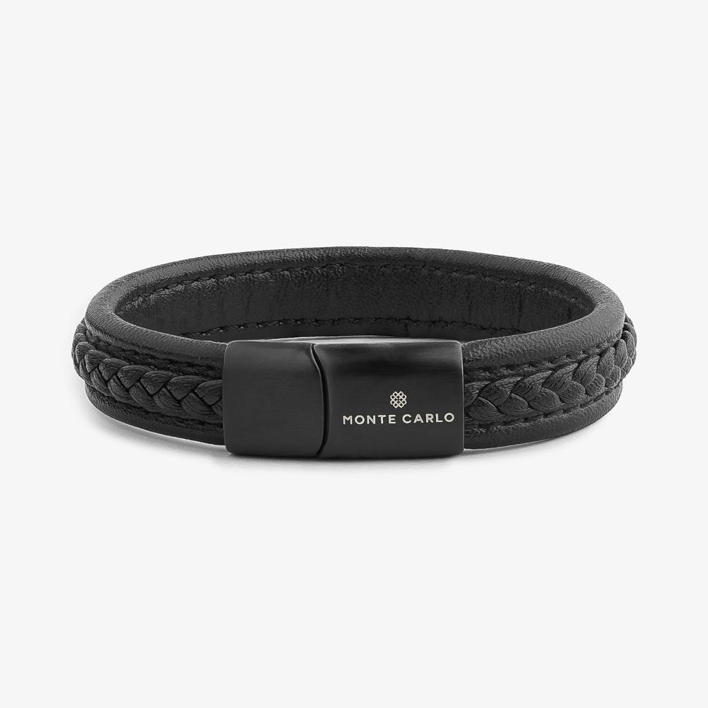 Pulseira Masculina de Couro Preto em Aço Preto - 1