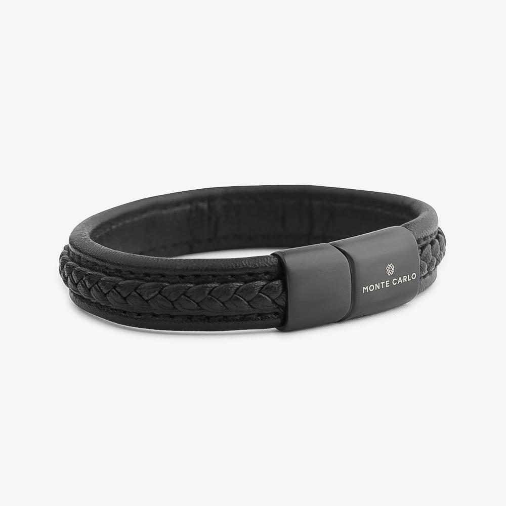 Pulseira Masculina de Couro Preto em Aço Preto - 2