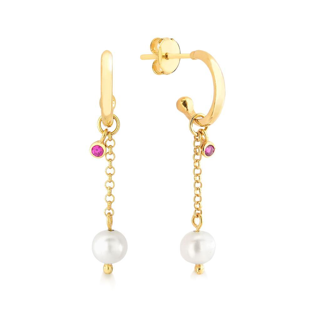 Argola com Zircônia Rosa e Pérola em Prata 925 com Banho de Ouro Amarelo 18k - 1