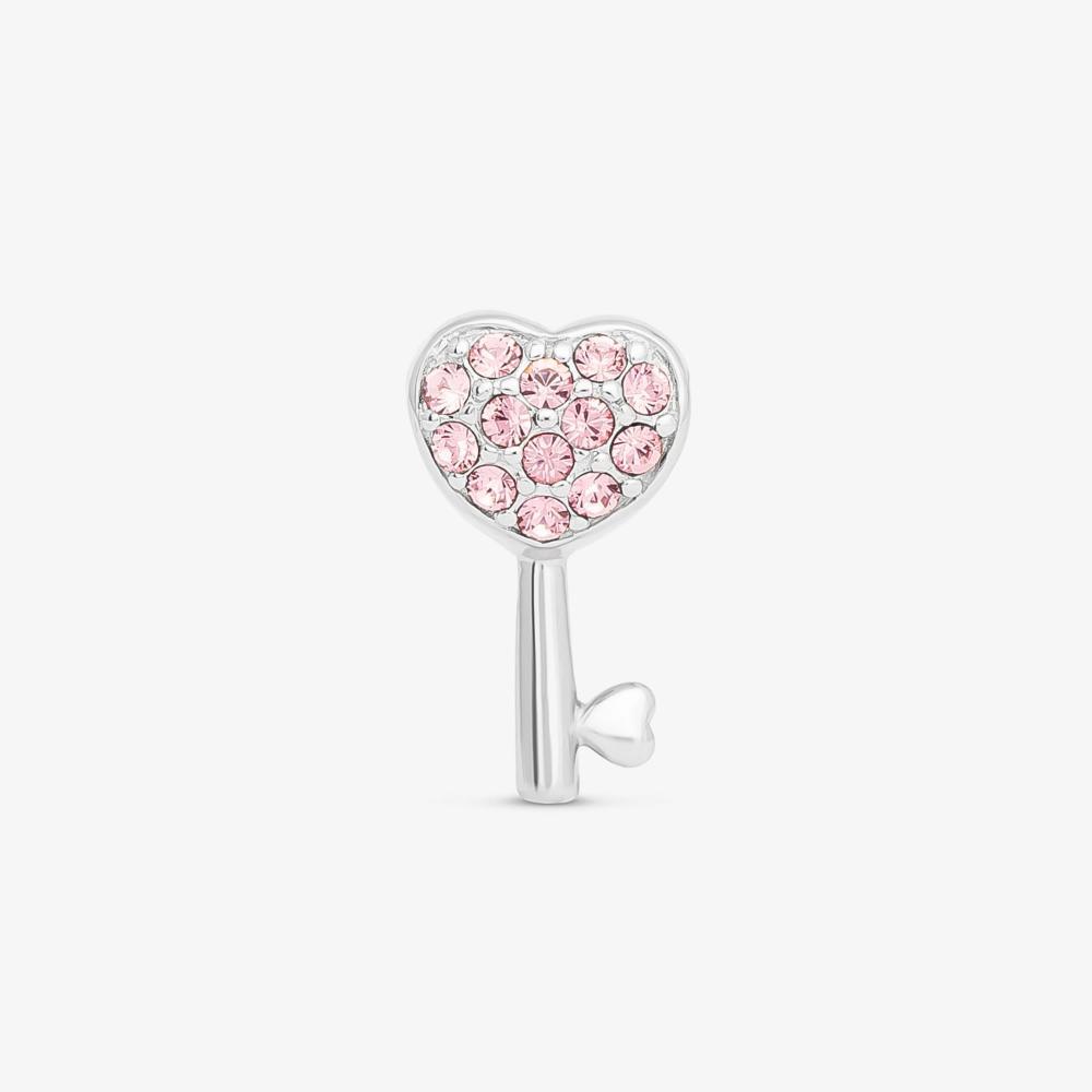 Charm Chave Coração com Zircônia Rosa em Prata 925 - 1