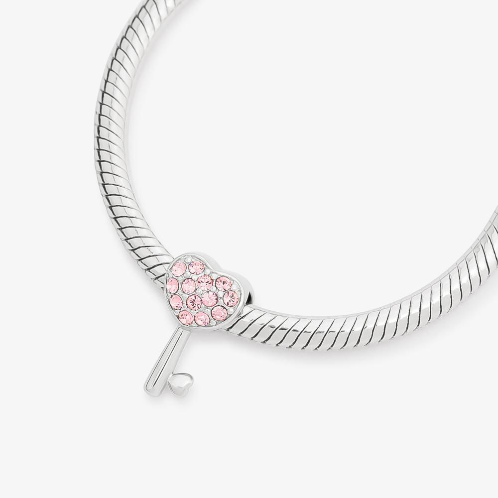 Charm Chave Coração com Zircônia Rosa em Prata 925 - 2