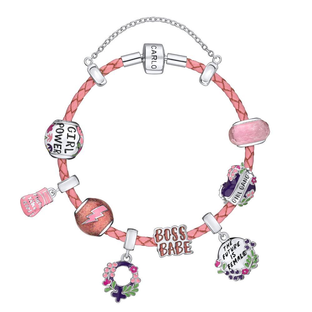 Pulseira De Couro Rosa Claro E Prata 925 - 19,5 cm - 2